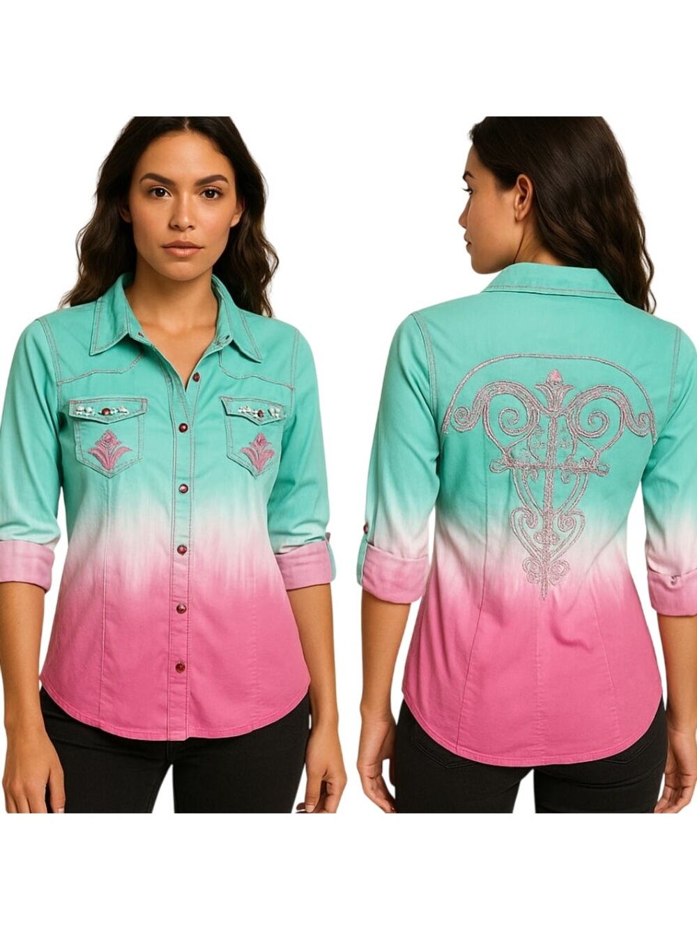 Roar Button Up Shirt Pink Green Ombre' Rhinestone Embroidered M Western Glam